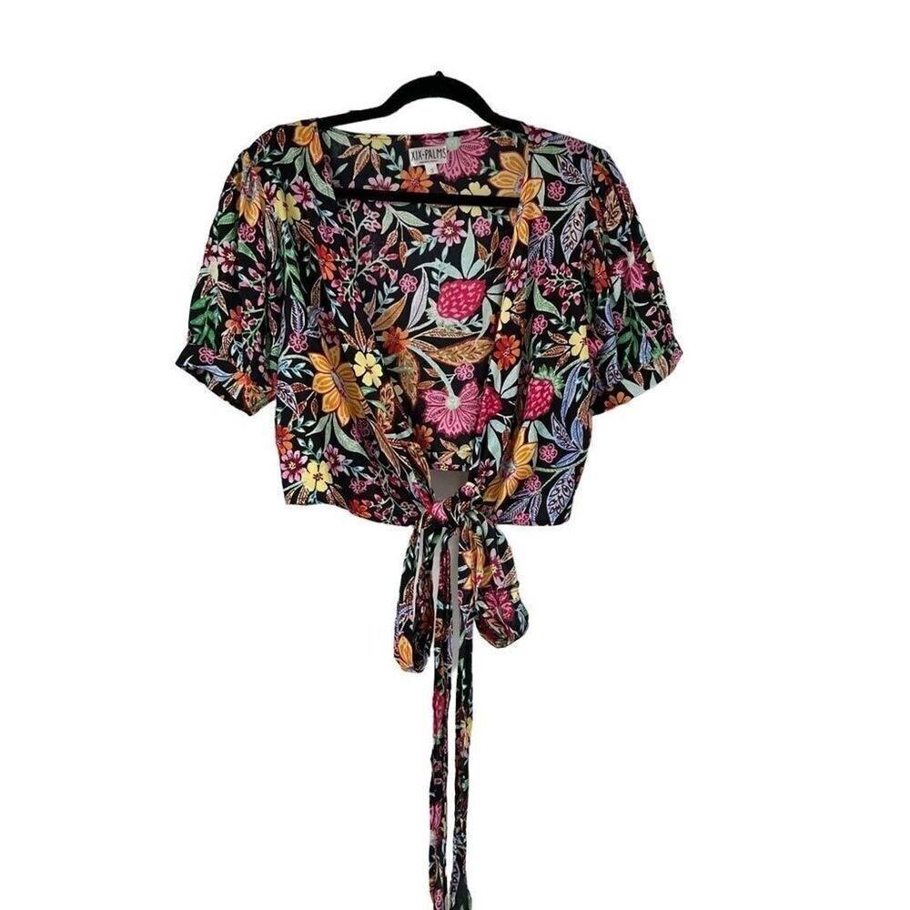 XIX Palms Hawaii Bright Floral Tropical‎ Wrap Shirt Womens S Spring Break Resort